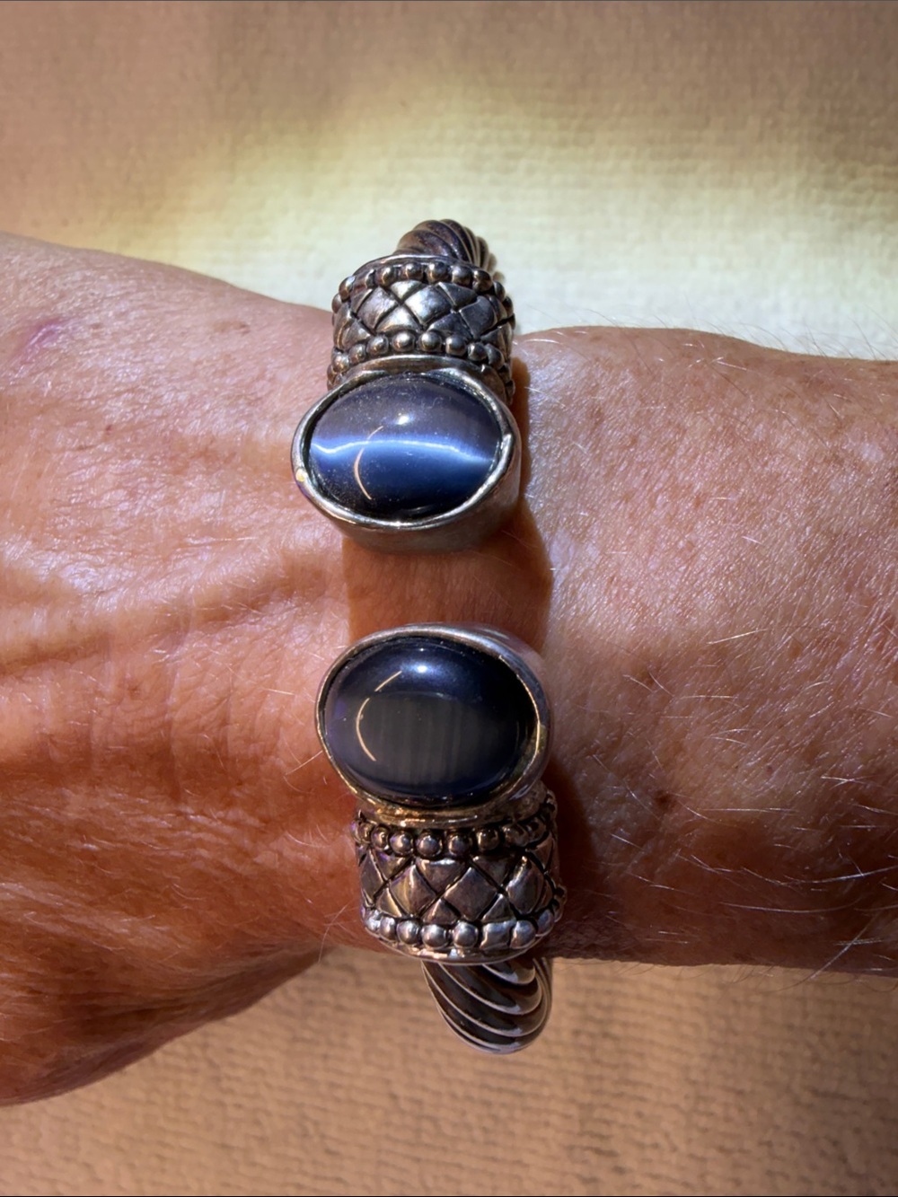 Silver Open Cuff Bracelet with Denim Blue Cabochon Stones